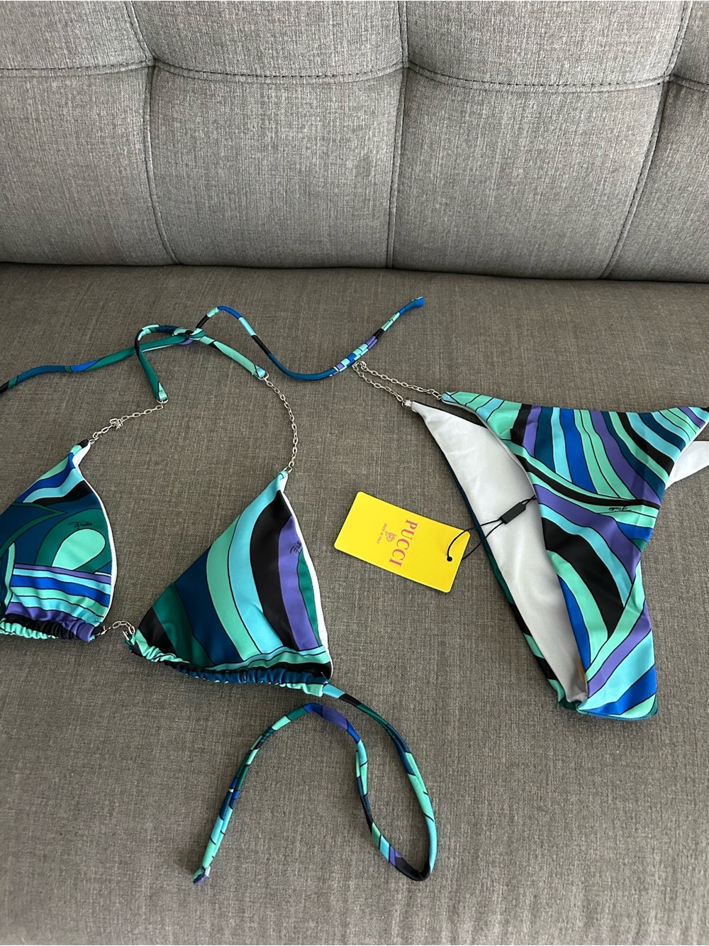 Blue & Teal Printed Chain-Side Bikini by Pucci